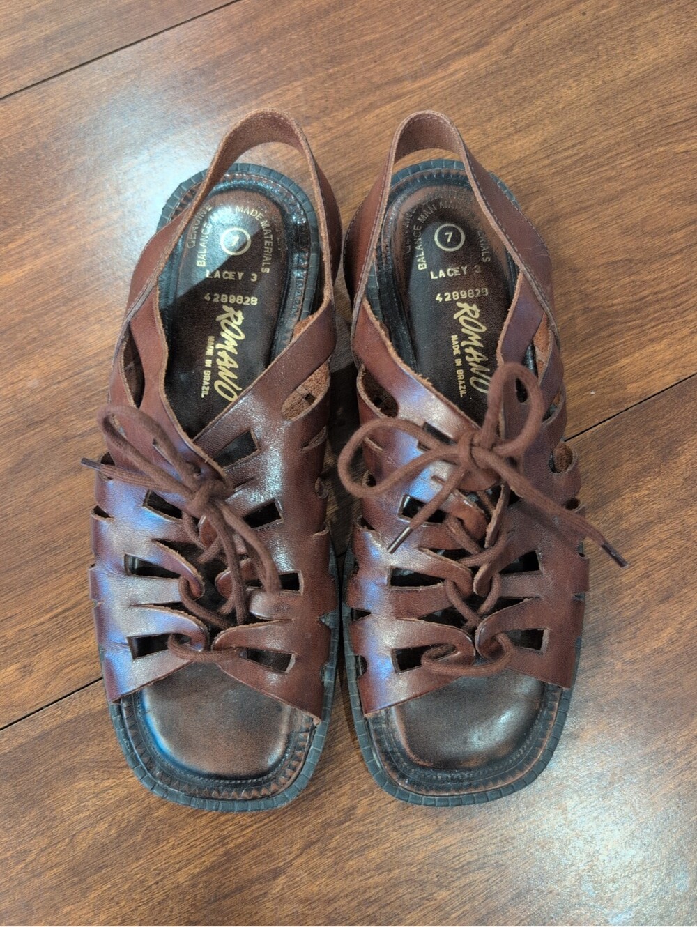 Romano Leather Gladiator Lace Up Sandals boho square toe Womens SZ 7 Brown